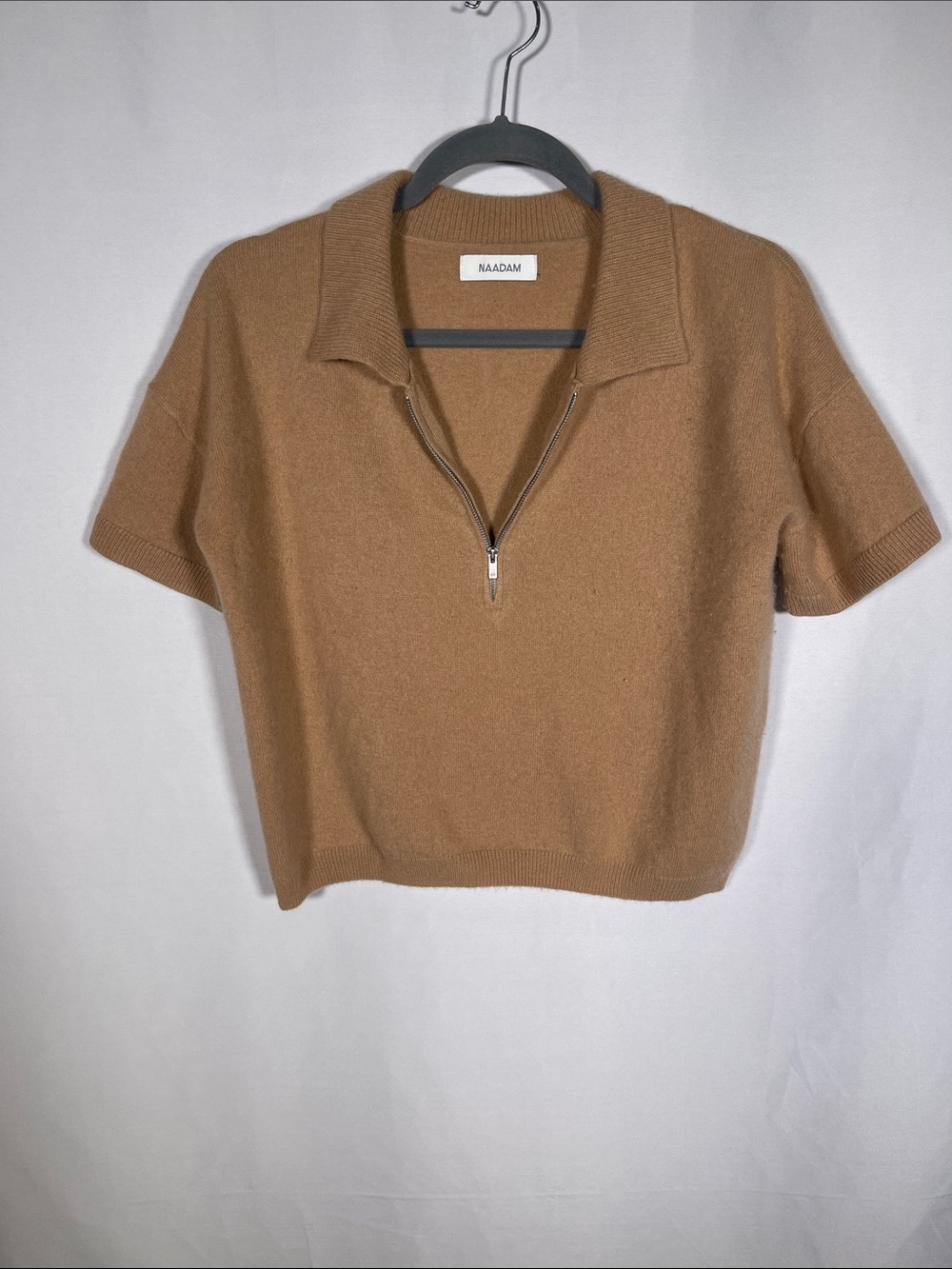NAADAM WOMENS CASHMERE TAN ZIP UP POLO SWEATER SEMI CROPPED XS